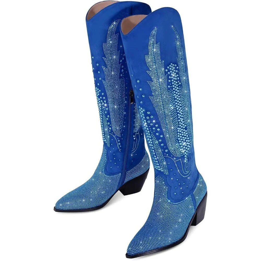 Women Polyurethane Blue Knee High Pointed Toe Chunky Heel Rhinestone Boot
